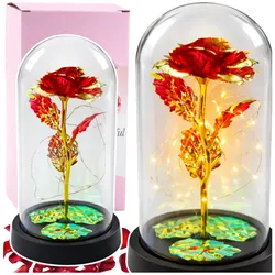 Ewige Kristallrose in einer Kuppel mit LED-Beleuchtung, Rot, 21 x 11 cm