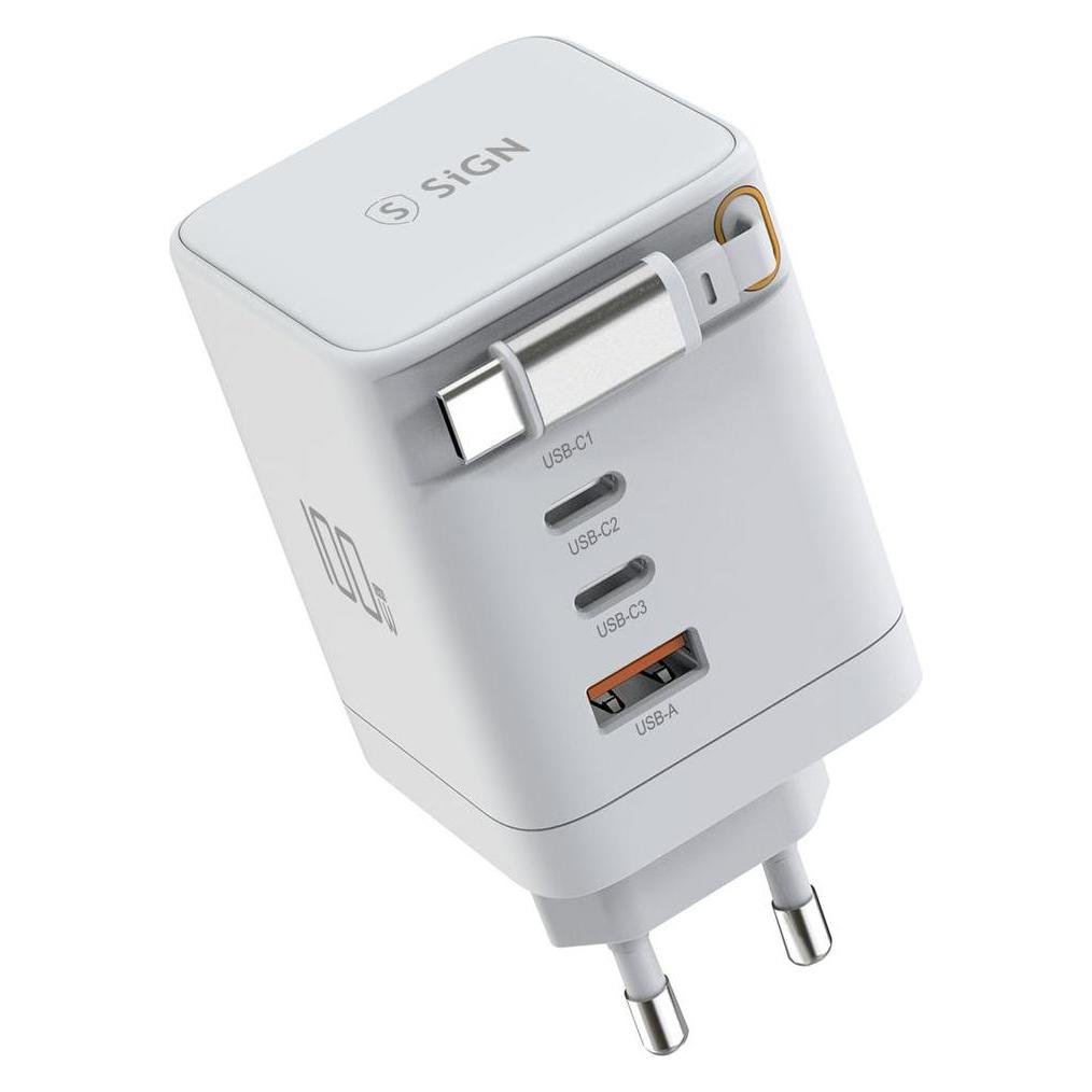 SIGN 100W GAN Fast Charger with Retractable USB-C Cable - White (100 W) (SN-100WCC)