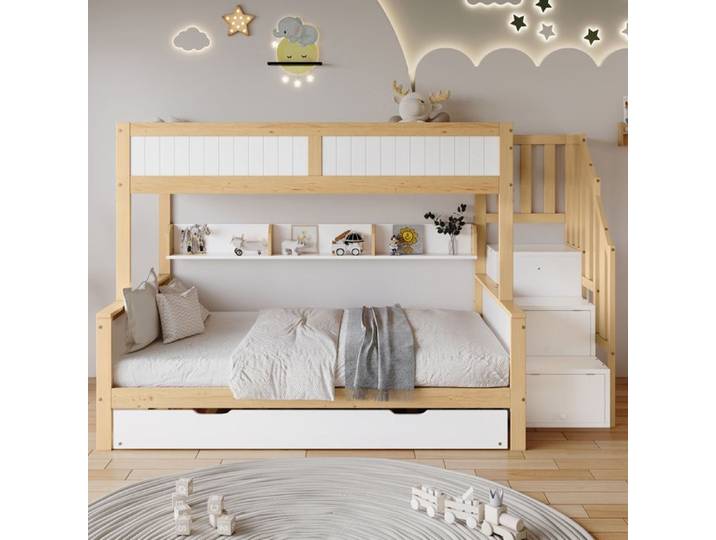 ROVRYN Lit superposé enfant 3 couchages avec lit gigogne escalier de rangement et armoire blanc et naturel