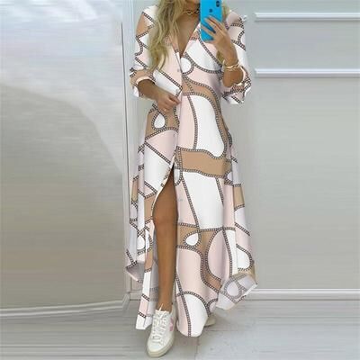 Inspire Daily Merch Summer Women Boho Printed Maxi Dresses Turn down Collar Long Sleeve Casual Split Shirt Elegant Dress Evening Dresses pink l