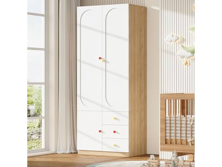 BTM Kinderkleiderschrank 2 Türig Kleiderschränke Weiß mit Schubladen und Stange Schlafzimmerschrank Lack-Oberfläche