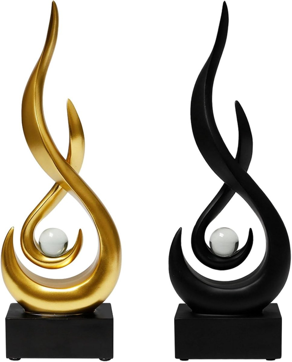 Decoratie Standbeeld Vlam Sculptuur in Goud en Zwart, Hoogte: 29 cm