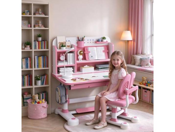 Kinderschreibtisch höhenverstellbar mit Stuhl, Schreibtisch Kinder Set 80 cm breite Schreibfläche, Sitzkorrektur, Buchständer, Stahlrahmen, Schublade, Rucksackhaken, für 3-18 Jahre Rosa