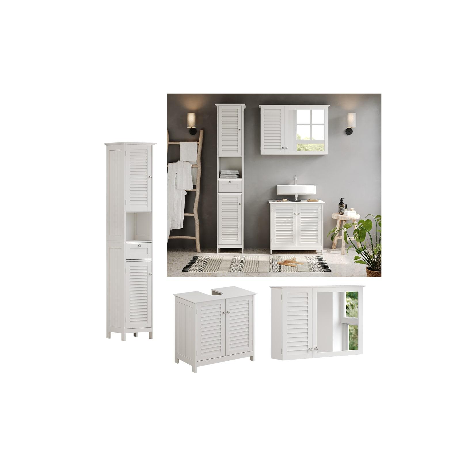 Vicco Badmöbel-Set Riad, Weiß, Badezimmer, moderne Badserie, Lamellen-Front, Waschtischunterschrank, Spiegelschrank, Hochschrank