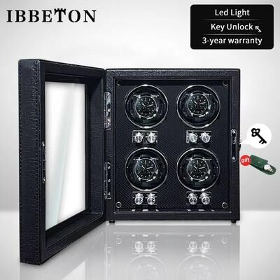 Inspired Finds IBBETON EleganceWood Automatic Watch Winder 2, 4, Or 6 Slots With Mabuchi Motor quad Watch Winder Black Gloss With Glass Door