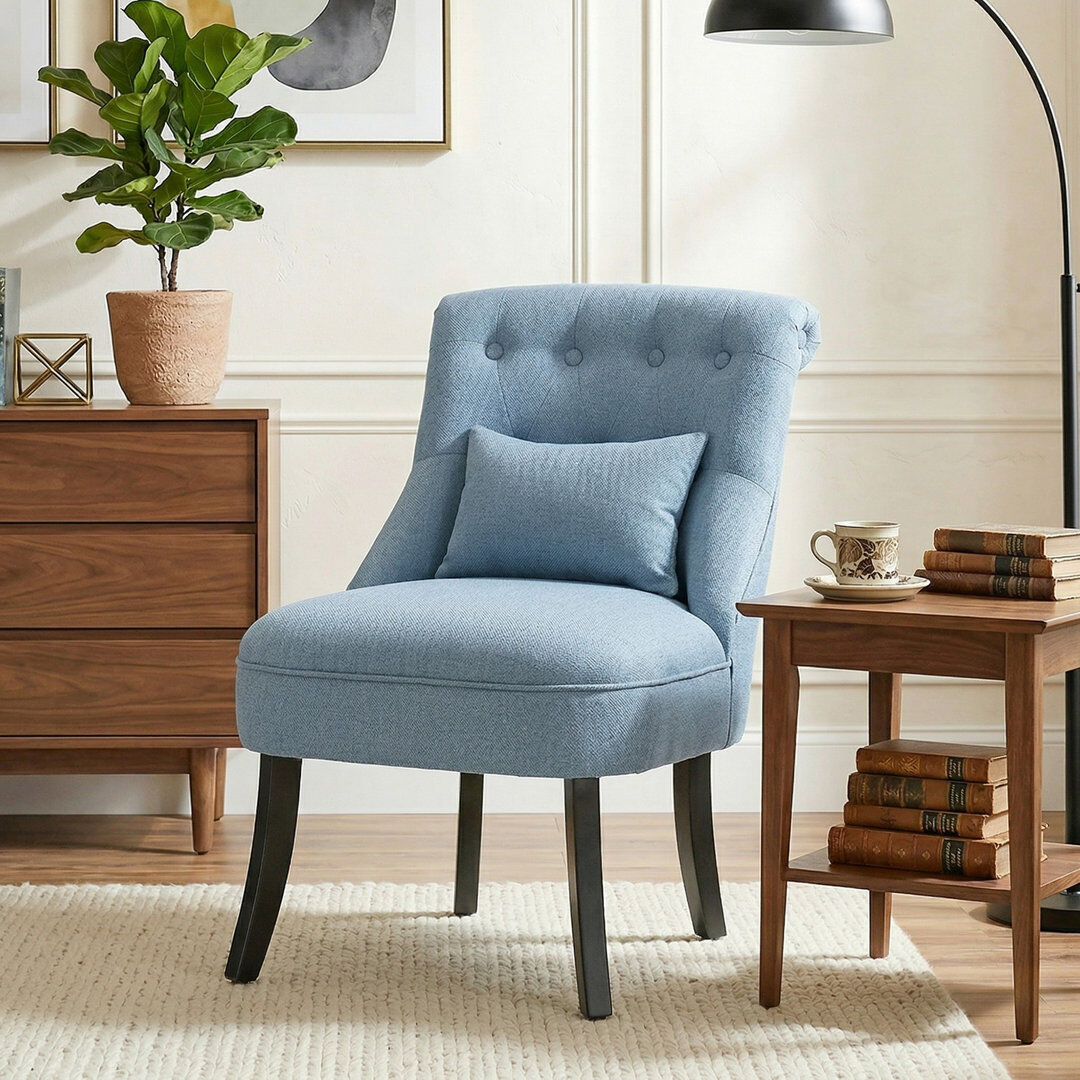 17 Stories Kiyohisa Fabric Single Sofa Upholstered with Pillow Wood Leg Blue 82cm H X 52.5cm W X 69cm D