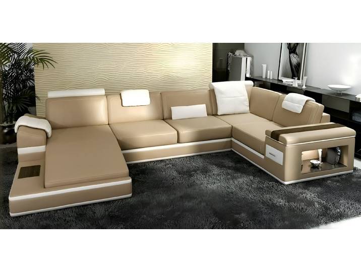 JVmoebel Wohnlandschaft Beige Eckcouch aus italienischem Rindsleder mit Kopfkissen, Made in Europa