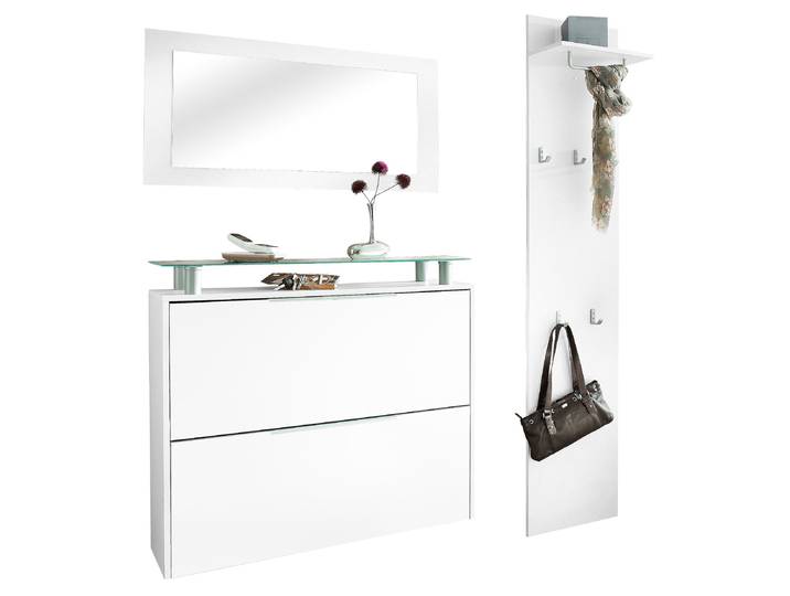 Garderoben-Set BORCHARDT MÖBEL Rena mit Schuhschrank, Paneel und Spiegel , weiss (weiß matt, weiß matt), B:129cm H:160cm T:23cm, Kastenmöbel-Sets, Garderoben-Set, Zur hängenden Montage. Mit Metallgriffen, Kleiderstange und Glasboden.