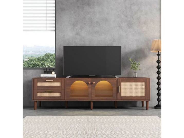 Meuble TV marron 180x40x50 cm avec 2 tiroirs en rotin 2 portes vitrées cintrées et 1 porte en rotin meuble TV LED
