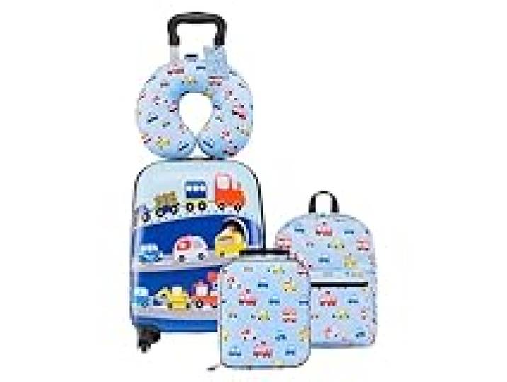 VEVOR Valise Enfant 32x23x45 cm Bagage Enfant Fille Garçon Valise Cabine Rigide à roulettes Motif Camion avec Sac à Dos, Oreiller U, Étiquette Bagages, Sac-Repas, Approuvée par Compagnies Aériennes