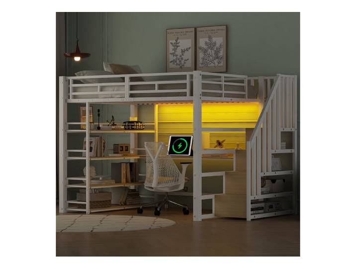 OKWISH Hochbett Stauraumbett Kinderbett Einzelbett (Metall-Hochbett mit Treppe, Schreibtisch, Stauraum & LED-Beleuchtung, Schwarz, Stabile Konstruktion, 1-St., 140x200)