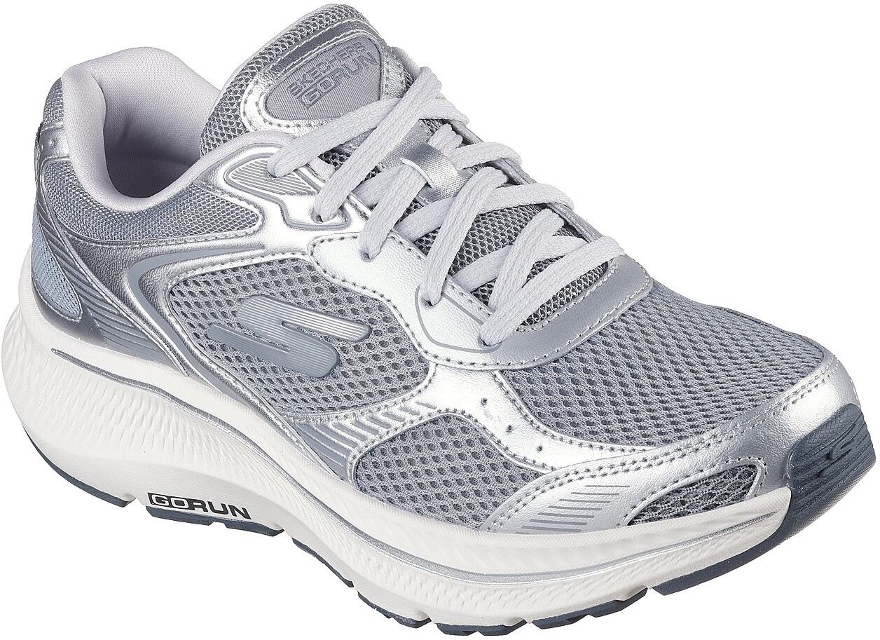 Sneaker SKECHERS "GO RUN CONSISTENT 2.0", Damen, Gr. 41, Textil, grau (grau, silberfarben), Leder, Synthetik, Textil, metallic, Schuhe Sneaker, Retro Sneaker, Schnürschuh mit Metallic-Besätzen, Weite G (=weit)
