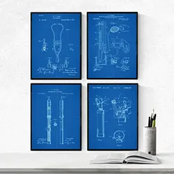 POSTER Set mit 4 BLAU medizinischen Geräten PATENT A4 Rahmenlos