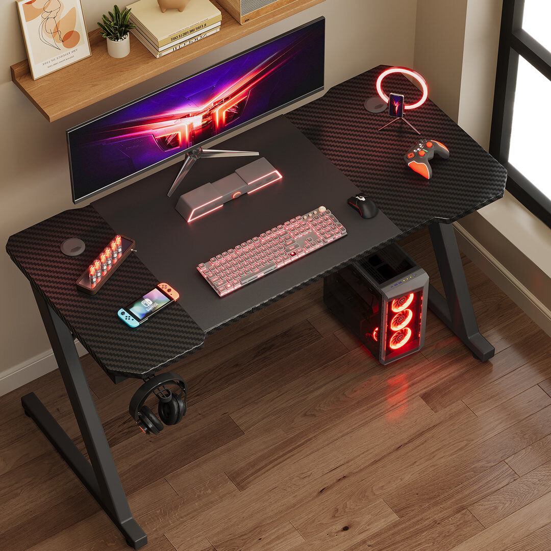 Latitude Run Ergonomic Black Gaming Desk PC Computer Desk Home Office With Headphone Hook Black 75cm H x 120cm W x 60cm D