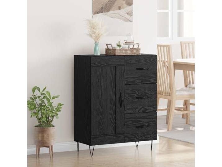RJPLMFV Anrichte Eiche Schwarz 69,5 x 34 x 90 cm aus Holz Scharniertüren, Füße aus Eisen, funktionale Regale, moderne Stangengriffe