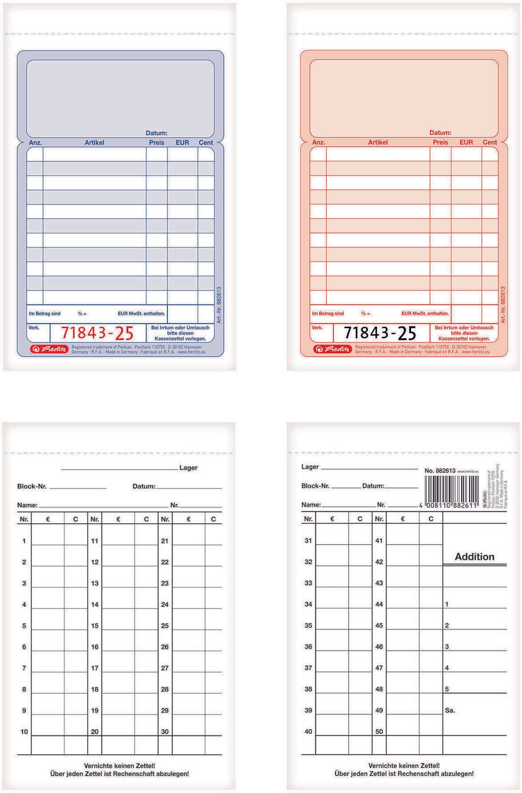 herlitz Formularbuch Kassenblock mit Additionsblatt, mit fortlaufenden Nummern DIN A6 2x 50 Seiten 300010476