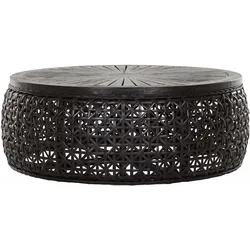 Couchtisch Rimini aus Rattan und Holz, modern rund, schwarz geölt, Ø 100 cm