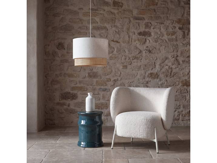 Beigefarbene Pendelleuchte aus Rattan und recyceltem Polyester, Ø 40 cm