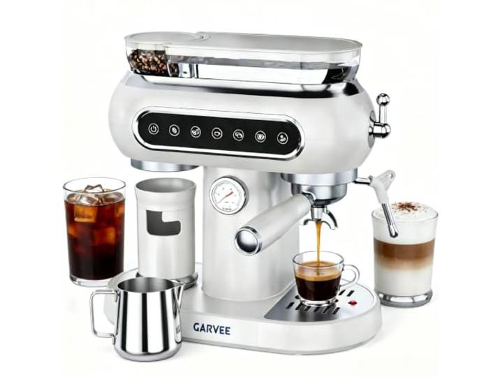 RBFGYIOP Espressomaschine 20 Bar, 1500W, Kaffeemaschine mit Mahlwerk und Milchschäumer, Espresso & Americano, Abnehmbarer Wassertank, Barista-Dampfstab, Einzel & Doppelespresso