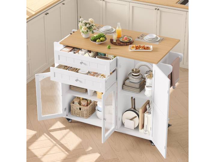 Getone Îlot Central Cuisine avec Plans de Travail Rabattable Desserte Cuisine à roulettes avec 3 Portes 2 Tiroirs, Porte-Serviette, Support à Épices, Meuble de Cuisine Buffet Salle a Manger
