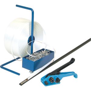 Böttcher-AG Umreifungsset BANDSET, Polyesterband 600 m x 19mm, Abrollwagen,1000 Metallklemmen, Palettiernadel und Bandspanner