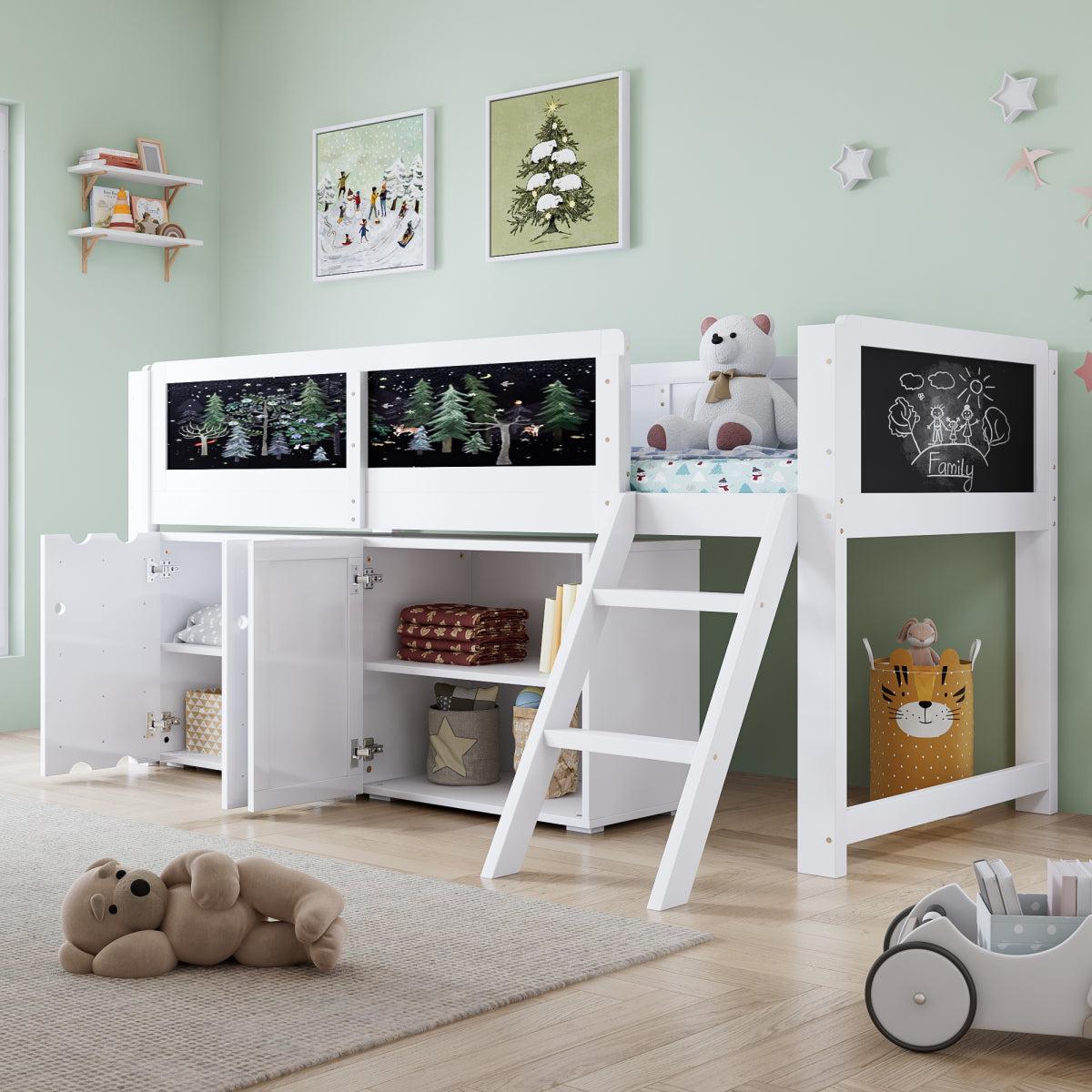 Hochbett Kinderbett 90x200 Weiß mit Schrank und Tafel Spielbett mit Stauraum aus Kiefernholz ohne Matratze Schrägleiter Rausfallschutz Platzsparend