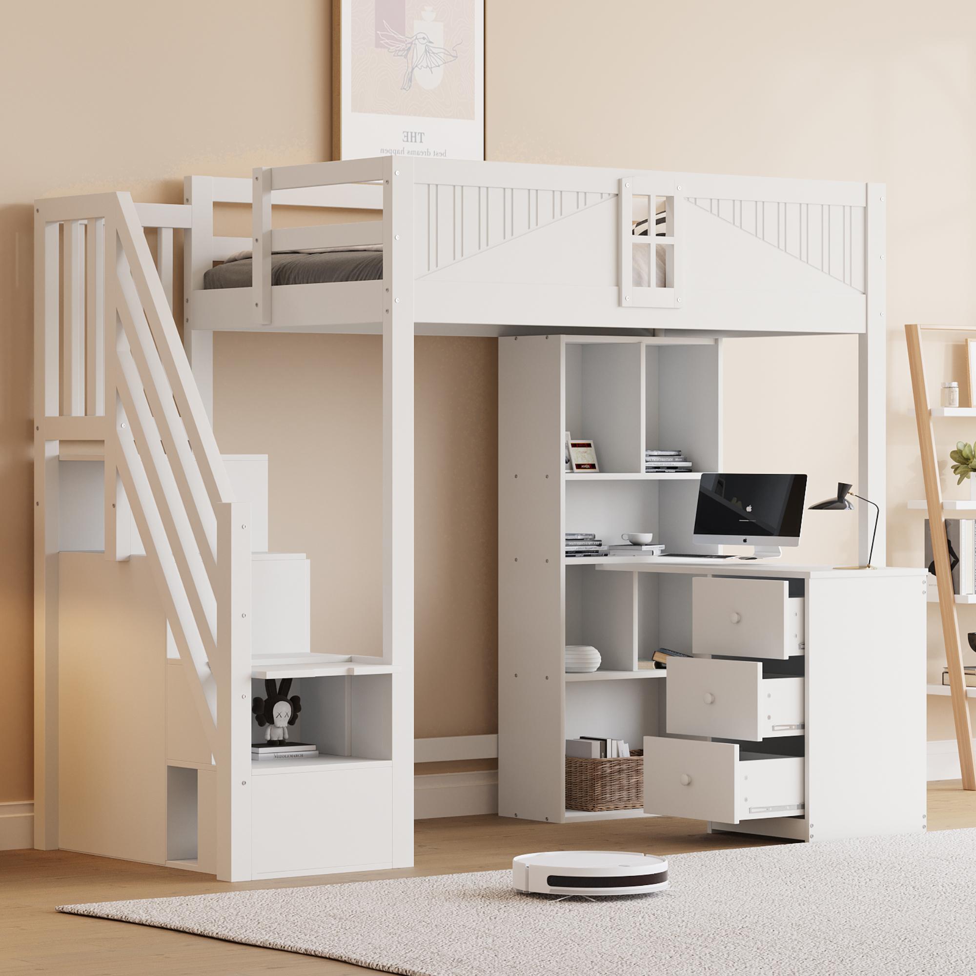 Merax Etagenbett 90x200 mit Sicherheitsgitter, Fensterform, Massivholz-Hochbett mit Schreibtisch, Schränke und Schubladen, Leiter Links/Rechts wählbar