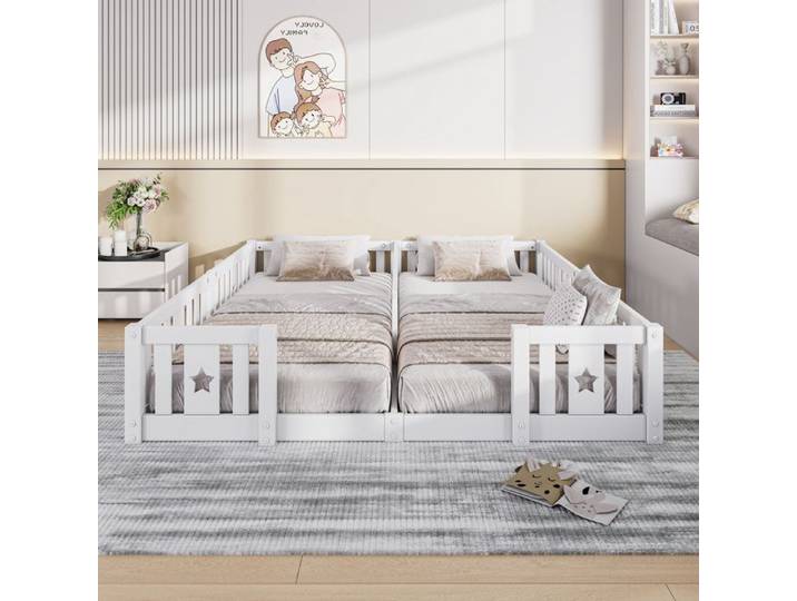 180x200 cm Lit inspiration Montessori enfant-DADEA-Lit au sol enfant avec Barriere Pin massif Blanc (sans lattes)