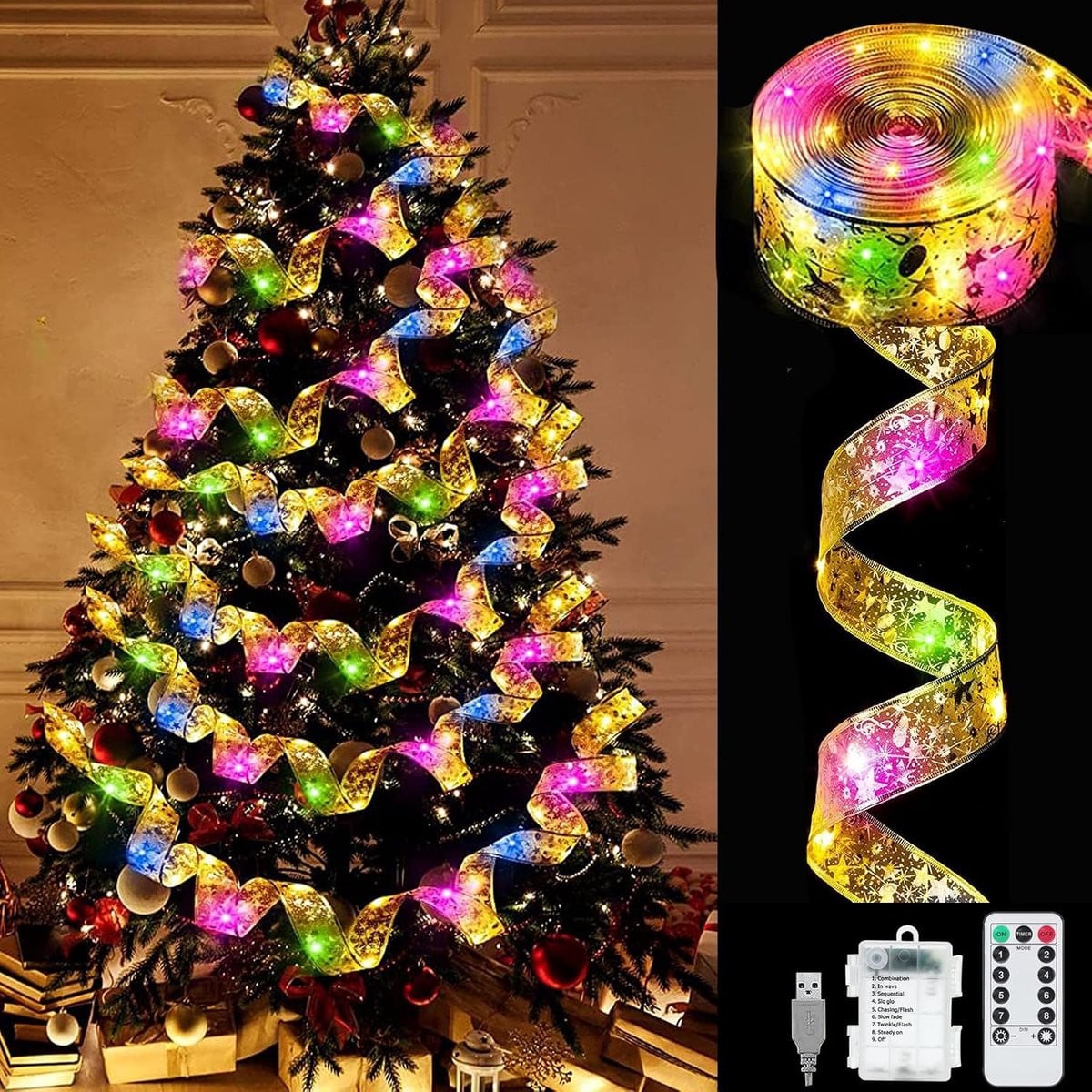 Decoratief LED-lichtsnoer met glanzende band en 100 LED's, 10 m, op batterijen