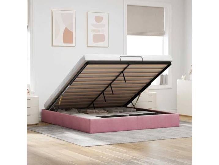 RJPLMFV Bettgestell, Ottoman, Velours, Rosa, 200 x 200 cm Mit hydraulischer Aufbewahrung, Lattenrost inklusive, ohne Matratze