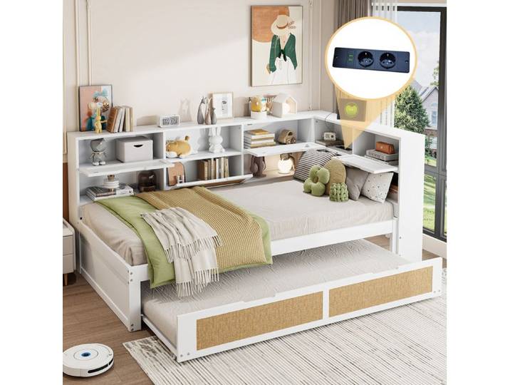 lit simple combiné 90x200 avec lit gigogne 90x190 rangements intégrés prises USB bois blanc ORVRYN
