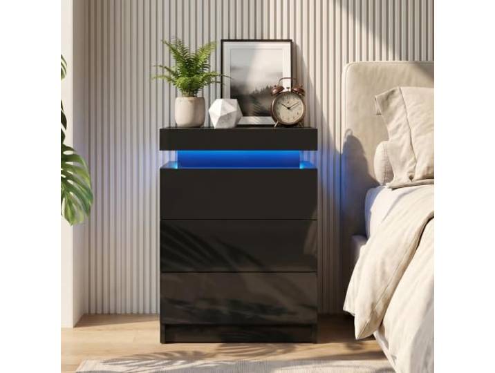 TUKAILAI Nachttisch mit LED Beleuchtung Hochglanz Schwarz, mit 3 Schubladen Nachttisch 45x35x67,5 cm Aufklappbar Nachtschrank mit Fernbedienung RGB 7 Farben, Modern Nachtkommode für Schlafzimmer