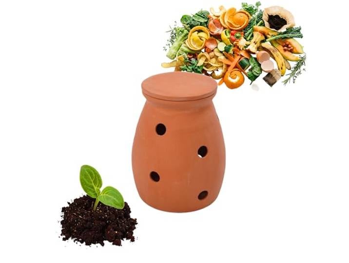 Relaxdays composteur à enterrer 1 L\, Vase à vers pour déchets de Cuisine\, Couvercle\, Jardin et Potager\, Terre Cuite