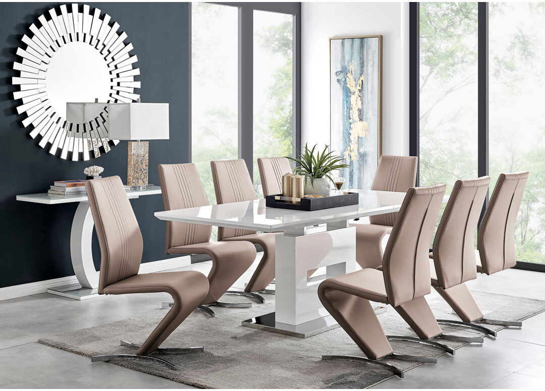 Canora Grey Alezzo Modern High Gloss Extendable Dining Table Set with 8 Modern Design Faux Leather Dining Chairs Cappuccino 8