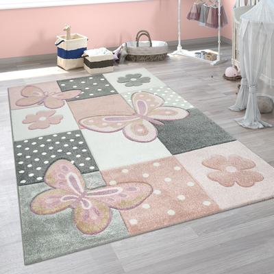 Paco Home Kids Room Rug with Butterflies and pink Flowers in Pastel Colors