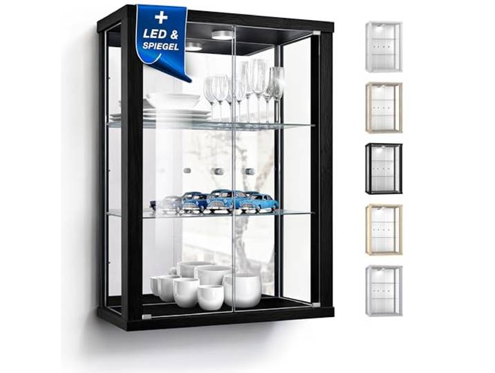 K-Möbel Wandvitrine (80x60x25cm) - Made in Germany - Glasvitrine hängend mit 2 höhenverstellbaren Glasböden aus ESG, Spiegel & LED in Schwarz - Schrank mit Glastüren - Hängevitrine Glas