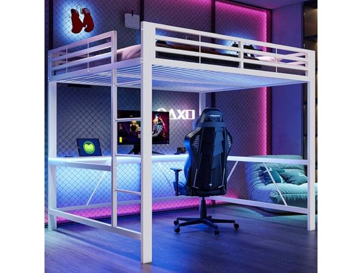 BTM Gaming Bett Jugendbett 160 x 200 cm Metall Hochbett mit Schreibtisch und USB, Kinder Erwachsene mit LED, Weiß