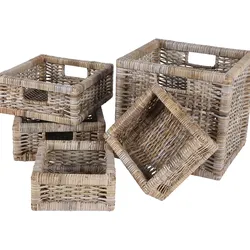 5er Rattan-Körbe Set - rechteckig, Vintage-grau & braun mit Tragegriffen - stapelbar, langlebig, ideal zur Aufbewahrung & Dekoration im Haus