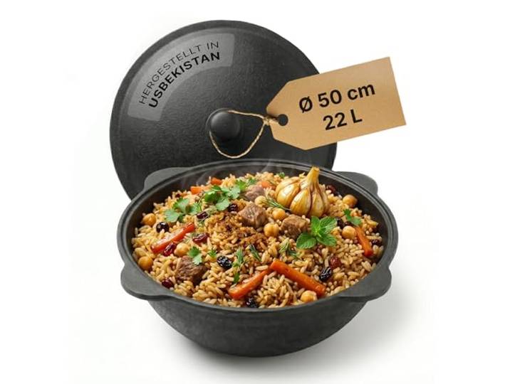 Kazan aus Gusseisen 22 L mit Aluminiumdeckel Schwenktopf KESSEL Usbek Namangan Asia Topf Deckel WOK Uzbek Camping Kasan Uzbekisch Cast Iron
