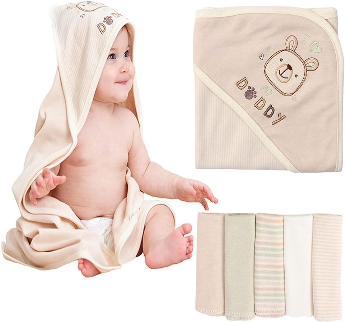 Set van 6 biologische katoenen babyhanddoeken met capuchon en washandjes