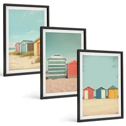 BILDER SET 3er Set - 40x60 cm Schwarzer Rahmen - Bunte Häuser, Strand, Sonne