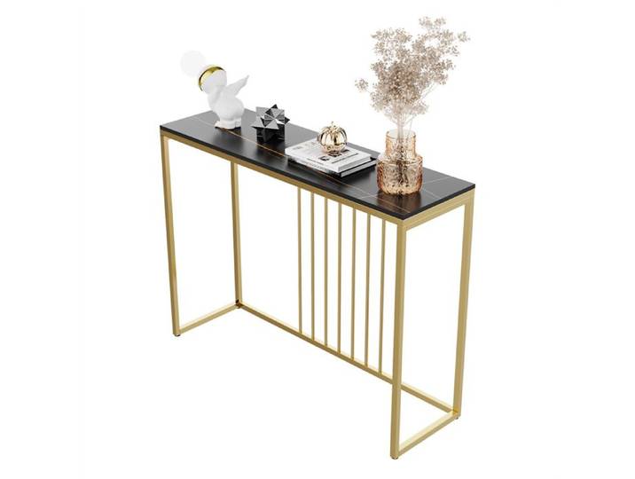Console Meuble Entrée en Marbre - Table Console Scandinave Noire Meuble d'Entrée Bout de Canapé Doré - 100x30x78.5cm