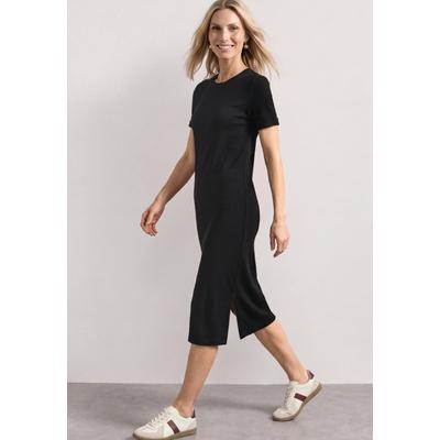 Midikleid STREET ONE, Damen, Gr. 40, EURO-Größen, Kurzarm, Web, schwarz, Web, 95% Baumwolle, 5% Elasthan, unifarben, normal wadenlang, Rundhals, abgesteppt, Kleider Midikleid, im Basic Style