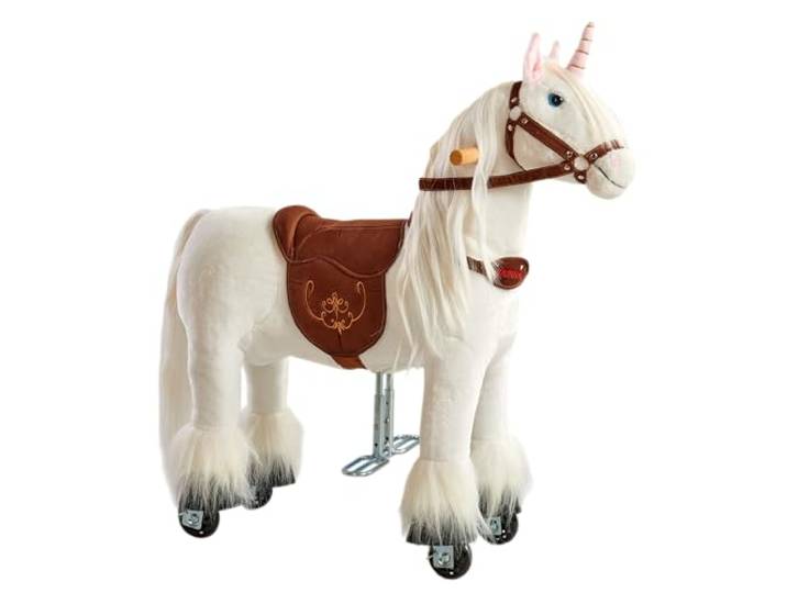 PONNIE Einhorn mit Rollen Unicorn S (3-6 Jahre), Unicorn zum Reiten mit Abnehmbarer Braun Sattel und Halfter mit Zaumzeug, Kämmbare Mähne und Schwanz, Plüschpferd zum Reiten für Kinder