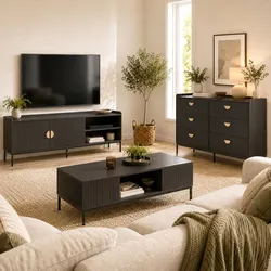Wohnzimmer-Set MCW-O39, TV-Rack Kommode Couchtisch, Ablage Schubladen, Melamin MDF ~ Holzoptik schwarz
