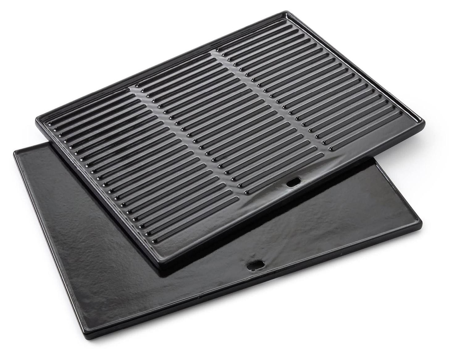 Geëmailleerde gietijzeren grillplaat voor barbecue - Zwart - Geribbeld en vlak