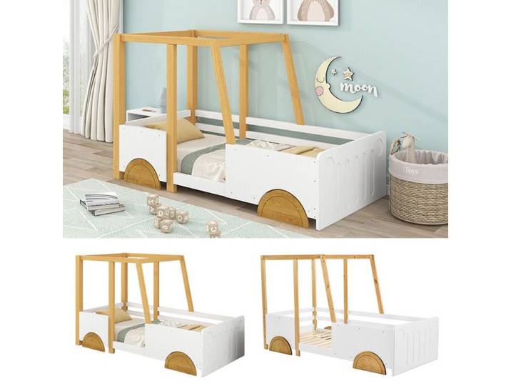 Lit Enfant - Forme Voiture - 90x200cm - Pin FSC + MDF - Montage Facile - Blanc/Naturel