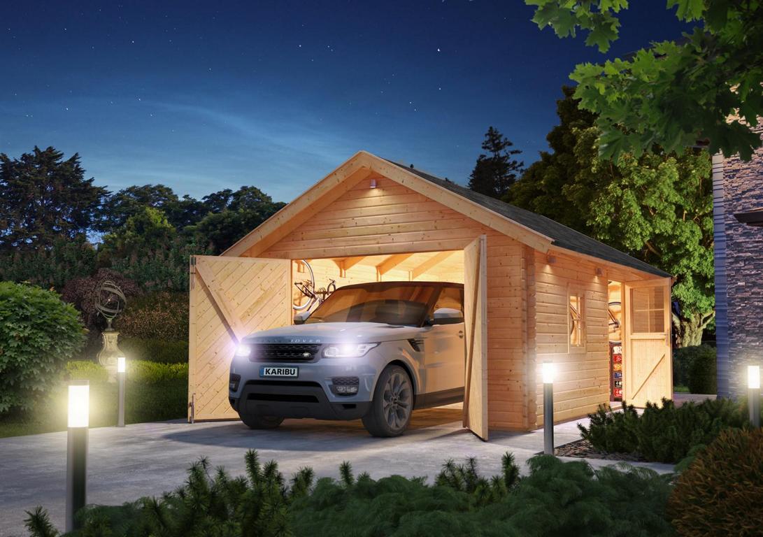 KARIBUHOLZT Blockhausgarage 40mm Satteld. mit Tor natur 372x522x309 08427242