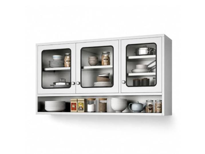 Cxlly Edelstahl Hängeschrank Küche mit Glastüren & Offenem Regal Edelstahl Wandküchenschrank mit Glastüren, Robuster Hängeschrank mit Offenem Regal & Verstellbarem Einlegeboden(150cm/59 )