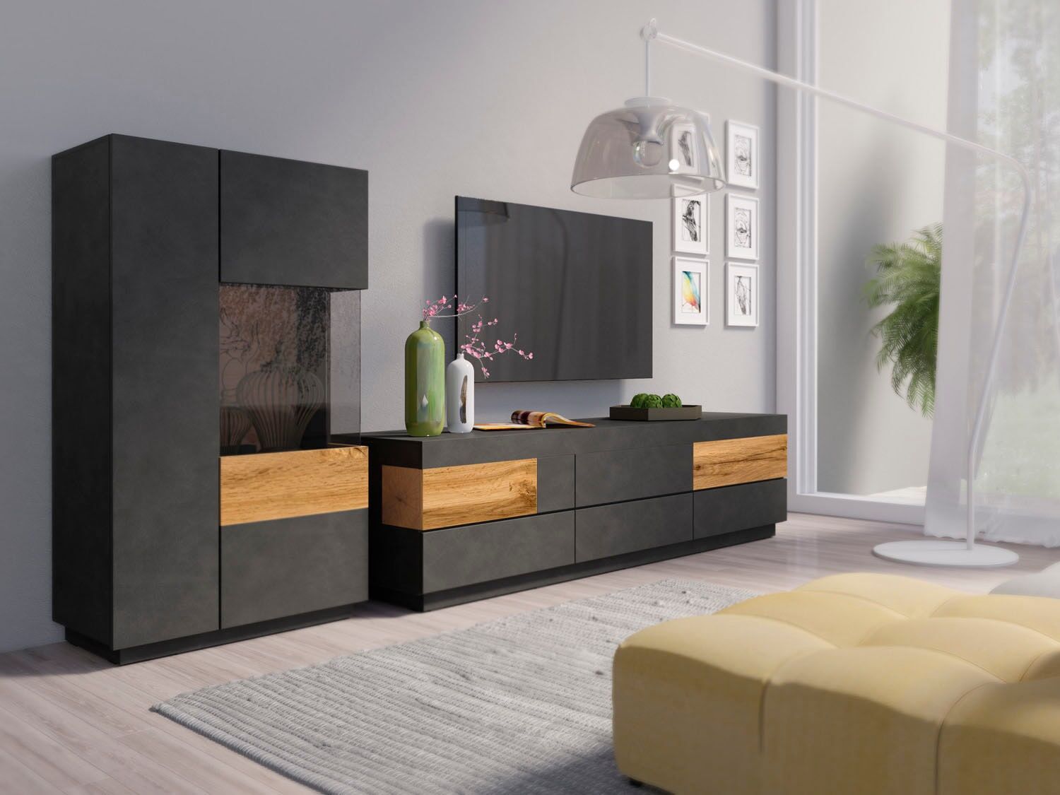 Wohnwand GOODPRODUCT "Silke", grau (anthrazit matera, votaneichefarben), B:286cm, Kastenmöbel-Sets, Wohnwand, (2-tlg.) anthrazit matera, votaneichefarben B/H/T: 286cmcm